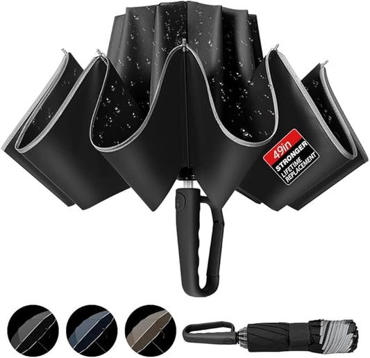 TOPSAIL 10 Ribs Inverted Umbrella with Carabiner Handle, Large Strong Windproof Umbrellas for Rain & Sun, 49" Portable Reverse Folding Compact Travel Umbrella with Safe Reflective Strip, for Women Men