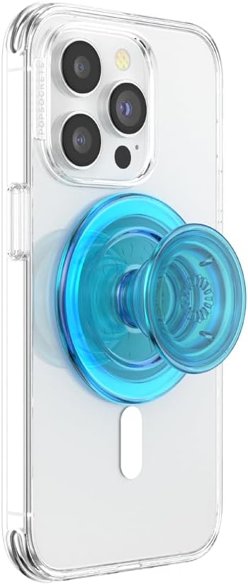 PopSockets Phone Grip for MagSafe with Kickstand, Magnetic Stand, Swappable Top, Secure Hold for iPhone MagSafe Cases, Phone & Tablet Grip - Electric Blue Translucent