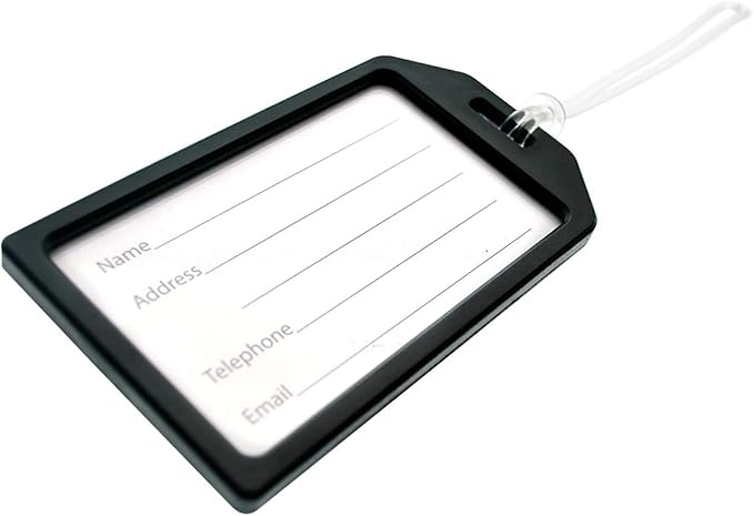 5 Pack - Premium Rigid Airline Luggage Tag Holders with 6" Worm Loops - Heavy Duty Hard Plastic -Suitcase ID Tag Identifiers with Business Card Insert Window by Specialist ID (Black)