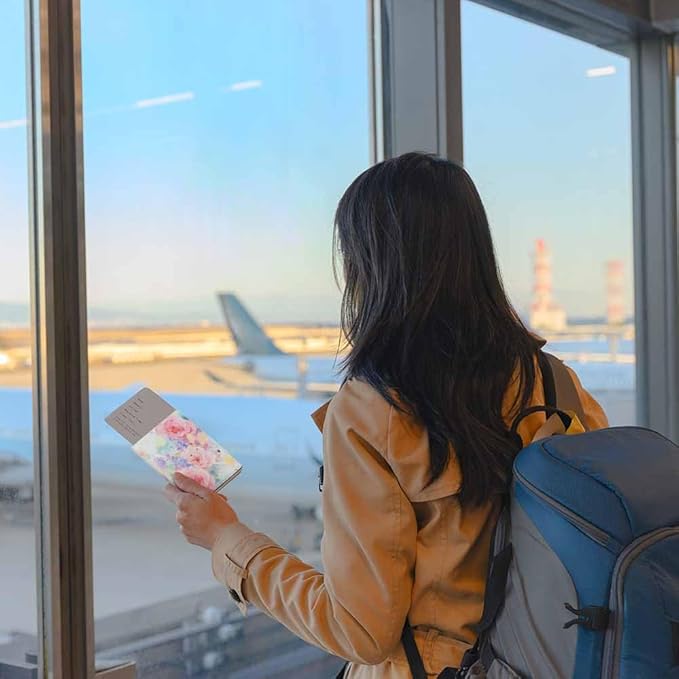 Pink Flowers Passport Holder for Travel Watercolor Leaves PU Leather Passport Cover Wallet Cute Passport Card Holder for Women and Men