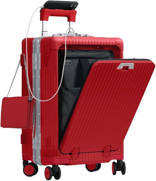 Nobl Travel Carry On Luggage, Noble Zipperless Aluminum Frame PC Hard Shell Suitcase, 20.8"x15"x8.7" Airline Approved, 360° Spinner Wheels, TSA Locks, USB Charging Port & Phone Holder - Cherry Red