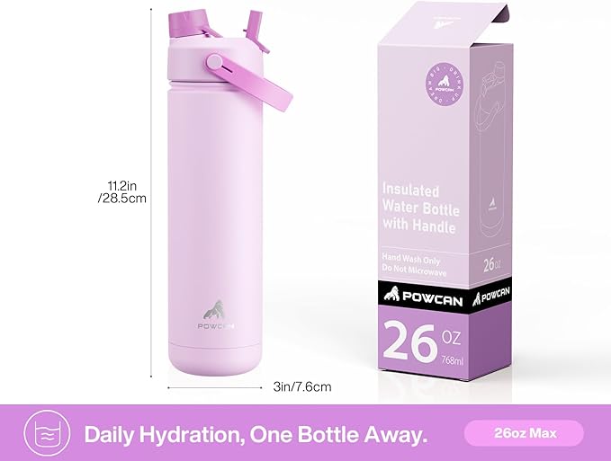 POWCAN 26 oz Insulated Water Bottle with 2-in-1 Straw and Spout Lid, Keep Cold 24H, Leak-Proof, Fits in Car Cup Holder, Stainless Steel Water Bottle for Sports, Trip, Gym, and School (Seashell Sonata)