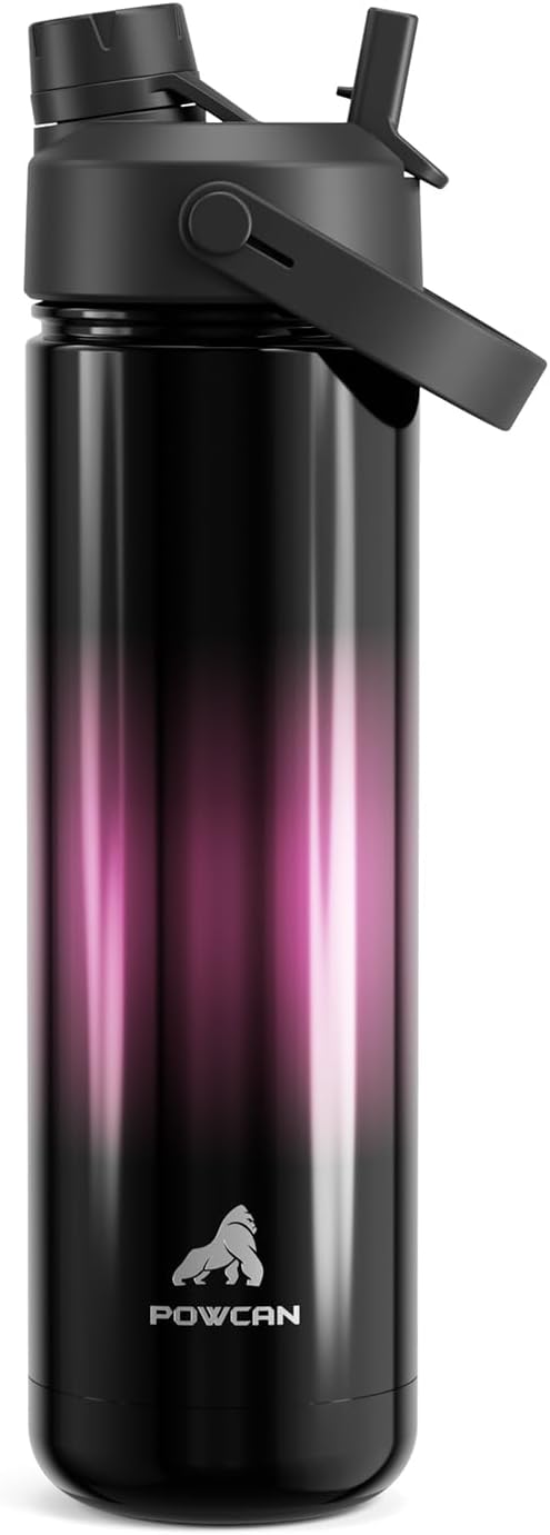 POWCAN 26 oz Insulated Water Bottle with 2-in-1 Straw and Spout Lid, Keep Cold 24H, Leak-Proof, Fits in Car Cup Holder, Stainless Steel Water Bottle for Sports, Trip, Gym, and School (Neon Night)