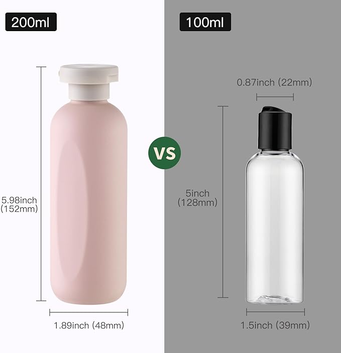 6.7oz Travel Shampoo Bottle, Empty Plastic Squeeze Bottles with Flip Cap, 4PCS Lotion Container for Toiletries (200ml, Pink)