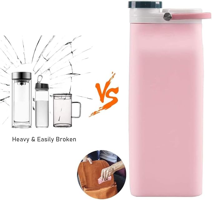 E-Senior Collapsible Water Bottle BPA Free - 20 oz Foldable Water Bottle for Travel Sports Bottles with Triple Leak Proof Lightweight (Pink)