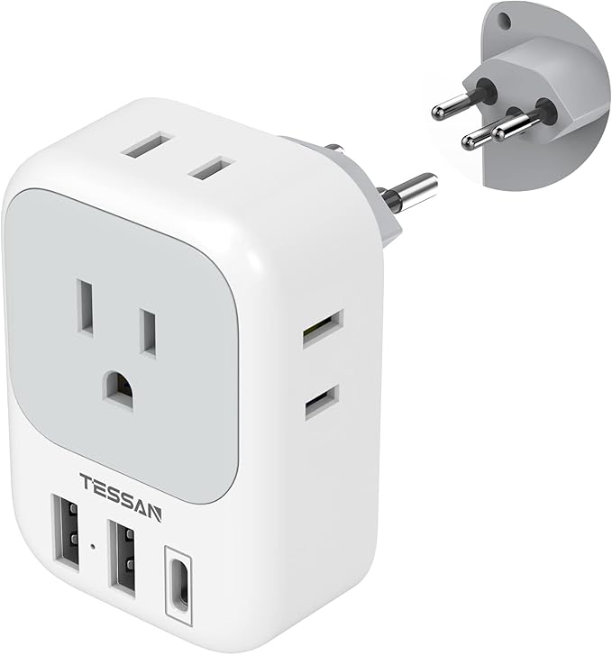 TESSAN Switzerland Power Adapter, Swiss Travel Adaptor with 4 American Outlets 3 USB Charger (1 USB C Port), Type J Plug for US to Liechtenstein Rwanda