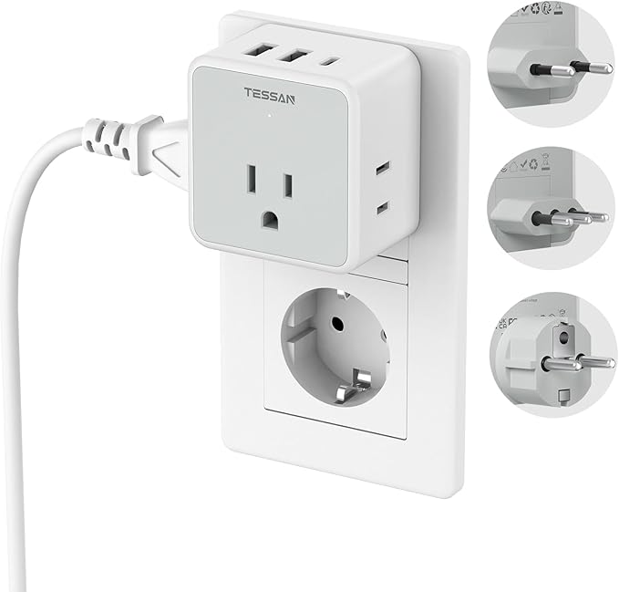 TESSAN All European Italy Travel Plug Adapter Kit, International Detachable with 3 Outlet 3 USB Charger (1 USB C), Type C/E/F/L EU Power Adaptor, US to France Germany Spain Greece Iceland