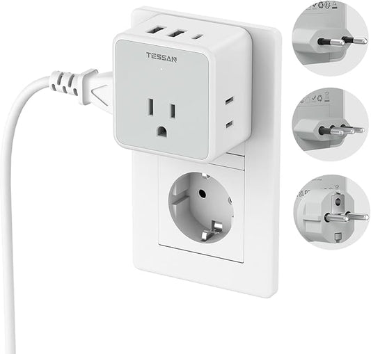 TESSAN All European Italy Travel Plug Adapter Kit, International Detachable with 3 Outlet 3 USB Charger (1 USB C), Type C/E/F/L EU Power Adaptor, US to France Germany Spain Greece Iceland