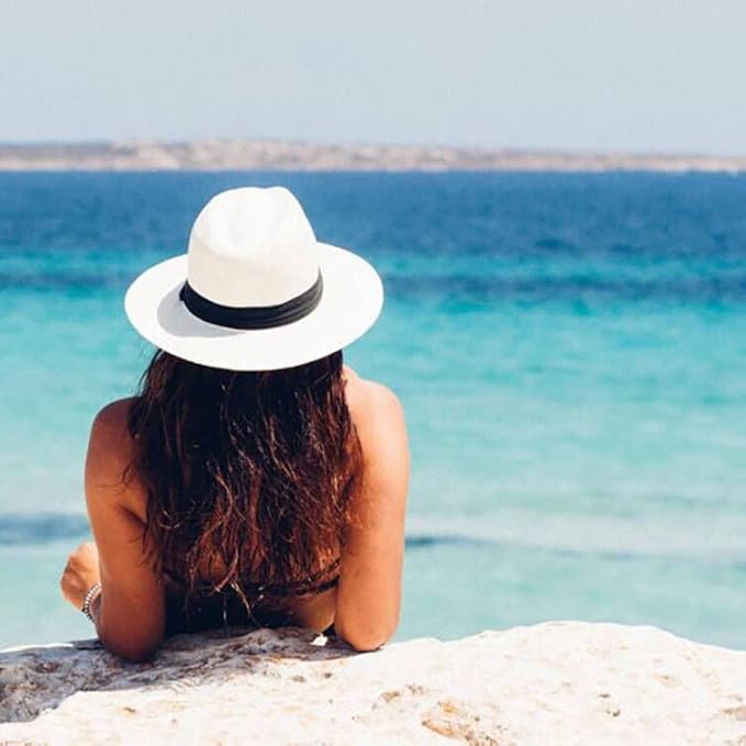 DRESHOW Women Straw Panama Hat Travel Fedora Beach Sun Hat Summer Wide Brim Straw Roll up Hat UPF 50+