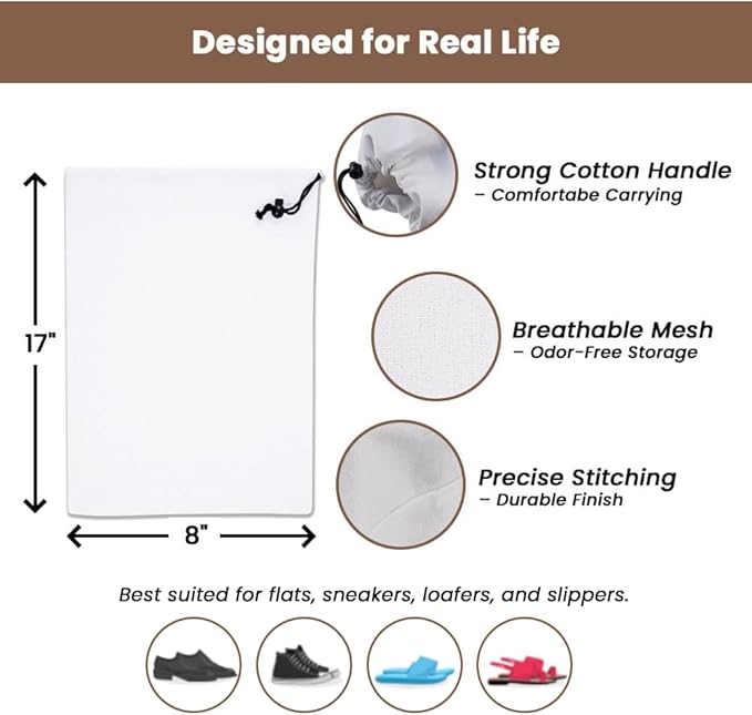 LFH Cotton Rich Shoe Storage Bags with Drawstring, Dustproof Breathable Reusable Organizer, Perfect For Travel, Dorm, Hotel, College, Gym, Easy to Carry, Machine Washable 8"x17" (Pack of 4) - White
