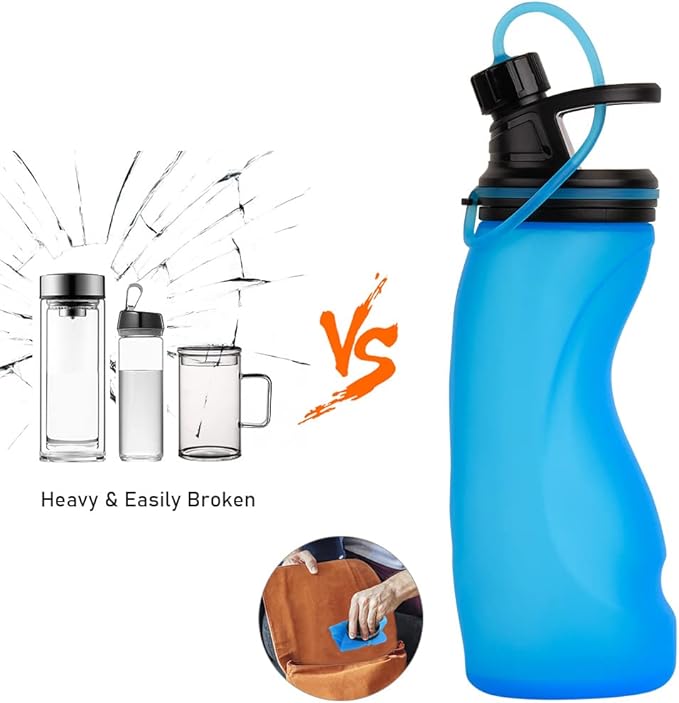 E-Senior Collapsible Water Bottle BPA Free - Foldable Water Bottle for Travel Sports Bottles with Triple Leak Proof Lightweight 17oz (Upgraded Ocean Blue)