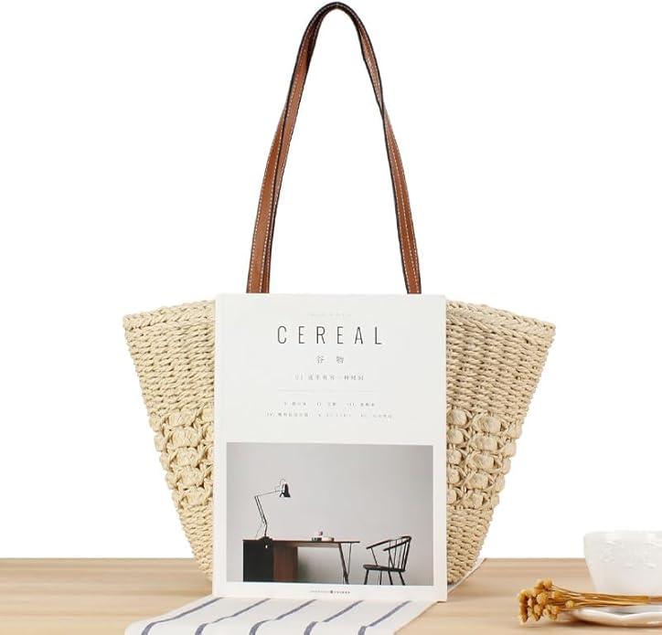 Womens Straw Tote Handbag - Summer Beach Bag with Top Handle - Handwoven Shoulder Bag - 2024