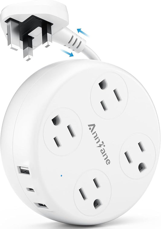 UK Travel Plug Adapter - Retractable Power Strip with 4 AC Outlets & 3 USB Ports (USB-C), Type G Adapter for US to UK, Ireland, Scotland, Hong Kong, Dubai (White)