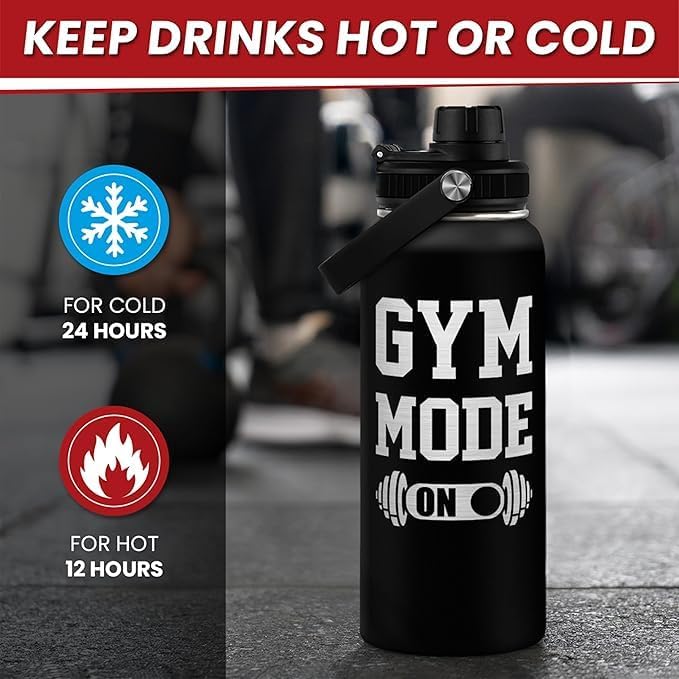 Gym Insulated Engraved Stainless Steel Water Bottle 32oz, Vacuum Chug Lid Travel Tumbler For Men Friends Dad Gymer Trainer, Gym Mode on, Gift for Birthday Christmas Father's Day