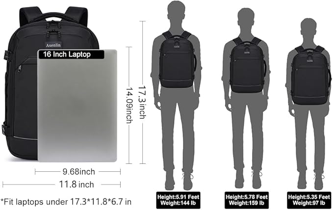 Asenlin Travel Backpack for Women and Men,Fit 15.6 Inch Carry on Backpack Flight Approved Luggage，Weekender Bag Water Resistant Laptop Backpack-Black