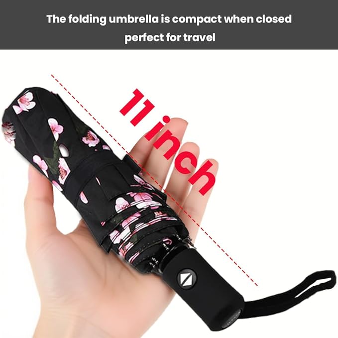 SIEPASA Sakura Windproof Travel Compact Umbrella - Automatic Umbrellas for Rain, Fiberglass Frame, Plastic Handle, Half Round Shape, Portable, Small, Lightweight, Ideal for Men and Women