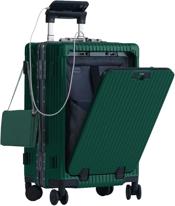 NOBL Travel Carry On Luggage, Noble Zipperless Aluminum Frame PC Hard Shell Suitcase, 20.8x15x8.7 Airline Approved, 360° Spinner Wheels, TSA Locks, USB Charging Port, Cup & Phone Holder - Forest Green