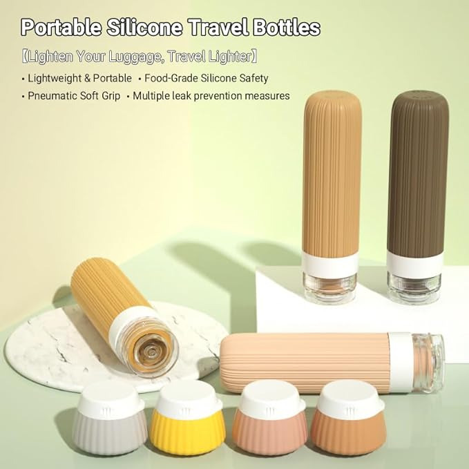 8-Piece Leakproof Travel Bottles and Jars Set – 4 Silicone Bottles + 4 Cream Jars with Clear Zipper Bag – TSA Approved Toiletry Containers – BPA-Free (PeachPuff)