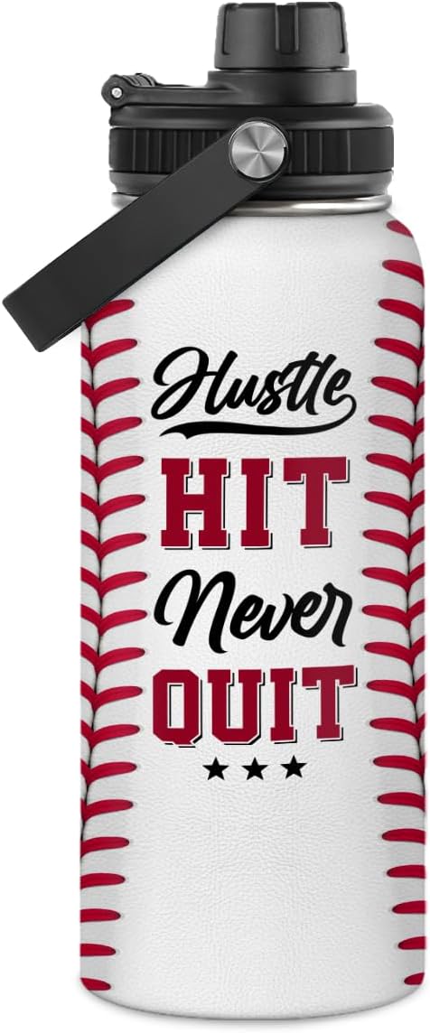 Baseball Water Bottle 32oz Hustle Hit Never Quit Stainless Steel Insulated Bottle for Men Women Sports Lovers Baseball Fans