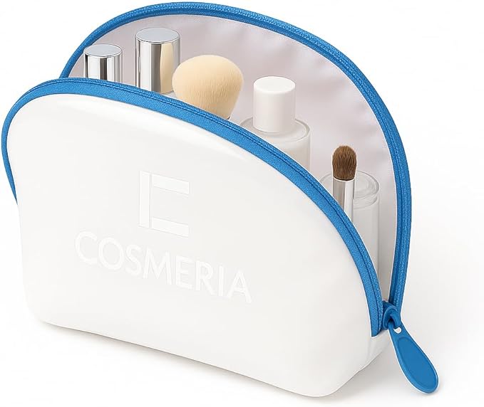 Makeup Bag Organizer & Travel Cosmetic Bag - Toiletry Bag for Women Fits Carry-On and Suitcase - Make Up Faux Patent Leather Pouch with Durable Blue Zipper, Medium