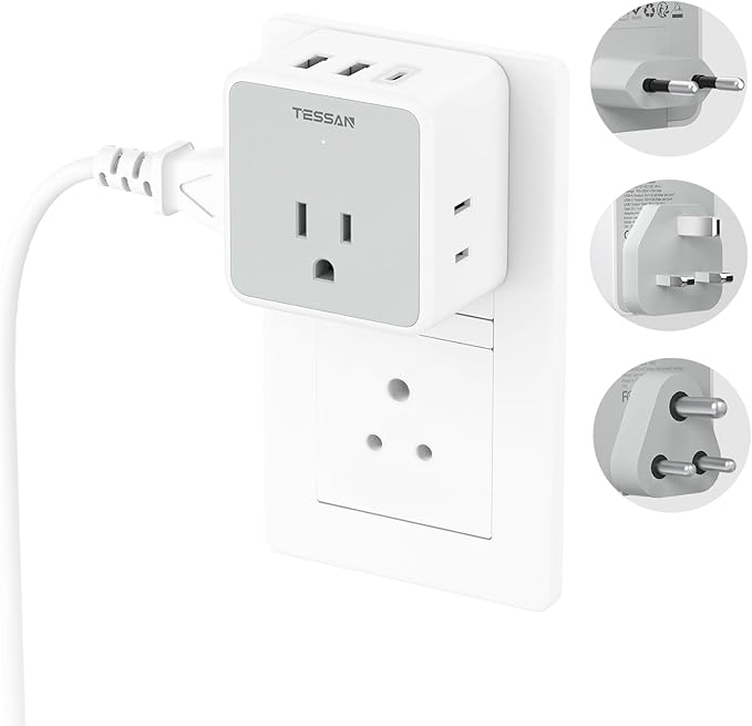 TESSAN European UK India Travel Plug Adapter Kit, International Detachable with 3 Outlet 3 USB(1 USB C), Type C/G/D EU Power Adaptor, US to Europe Italy Spain France Ireland Dubai Maldives