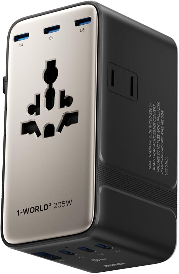 MOMAX GaN 205W Universal Travel Adapter, 9-in-1 European Travel Plug Adapter, 6 USB-C PD Fast Charging & 1 USB-A QC, 2 AC, International Power Adapter UK AUS JP, Travel Essentials