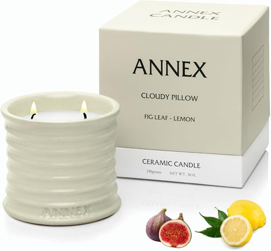 Scented Luxury Citronella Candles outdoor, Mosquito Bug Repellent | Handmade Ceramic Jars, Soy Wax | Cloudy Pillow - Fig Leaf & Lemon, Large Natural Candle | Non Toxic, 2 Wicks, Reusable Big Beige Jar