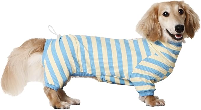 HowlyWoof Dachshund Dog Shirt, Thin Striped Base Layer Onesie for Wiener Dogs, Lightweight All-Season Wear, Soft & Comfy Fit for Doxie and Short-Leg Breeds (Blue&Yellow, Size 3(16-21 lbs))
