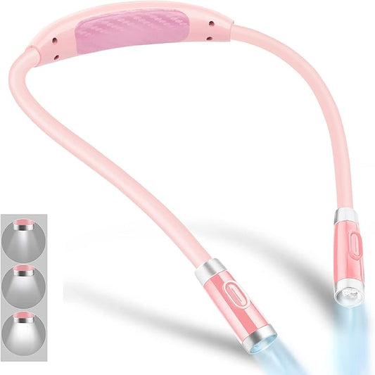 Vekkia Rechargeable LED Neck Reading Light, Book Lights for Reading in Bed, 3 Brightness Levels, Flexible Soft Silicone Arms Comfortable Wear, Long Lasting, Perfect for Craft & Knitting, Pink