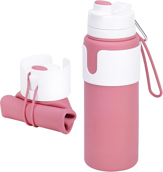Collapsible Water Bottles for Travel - 26oz BPA-Free Foldable with Carabiner, Lightweight Leak-Proof Design, Portable Reusable Bottle for Hiking, Airplane, Camping (Pink)