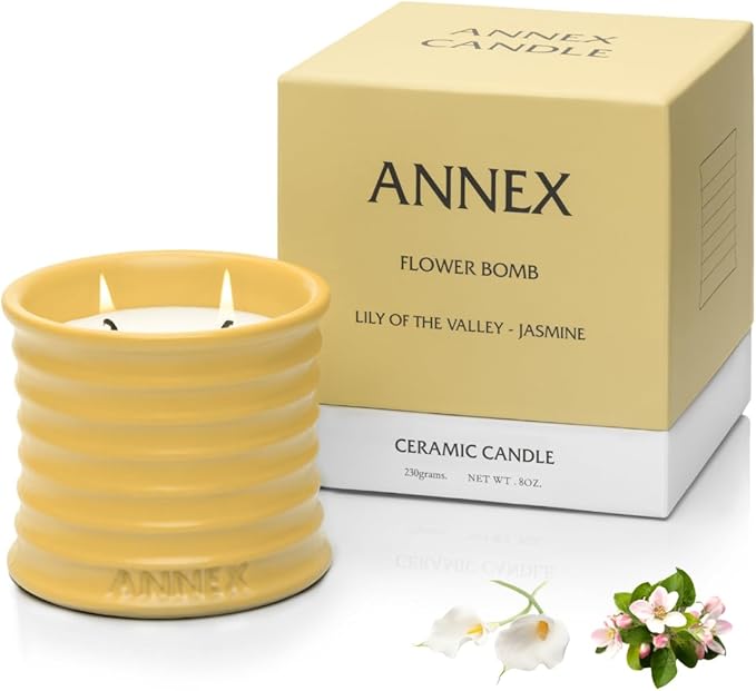 Scented Luxury Candles in Handmade Ceramic Jars, Soy Wax | Flower Bomb – Lily of The Valley & Jasmine, Large Candle | Non Toxic, 2 Wicks, Reusable Yellow Jar | Natural Spring Aromatherapy for Women