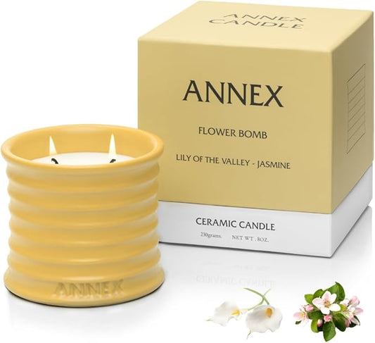 Scented Luxury Candles in Handmade Ceramic Jars, Soy Wax | Flower Bomb – Lily of The Valley & Jasmine, Large Candle | Non Toxic, 2 Wicks, Reusable Yellow Jar | Natural Spring Aromatherapy for Women