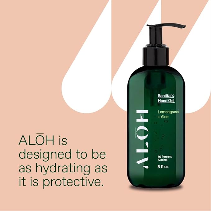 ALŌH Sanitizing Hand Gel 2-pack | Lemongrass + Aloe | 70% Alcohol Hydrating Hand Sanitizer Gel with Essential Oil, for Kids & Adults | 8oz Size Bottle (Set of 2)