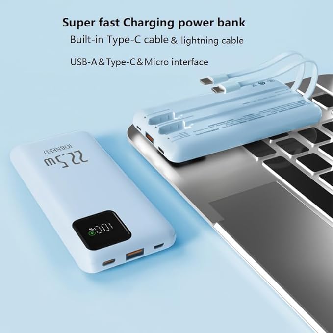 Portable Charger built-in Cables,Super fast charging Power Bank with Cords Wires,Slim 10000mAh Travel Battery Pack 4 Outputs 2 Inputs 3A Fast Charging compatible with IPhone Samsung Android (Blue)