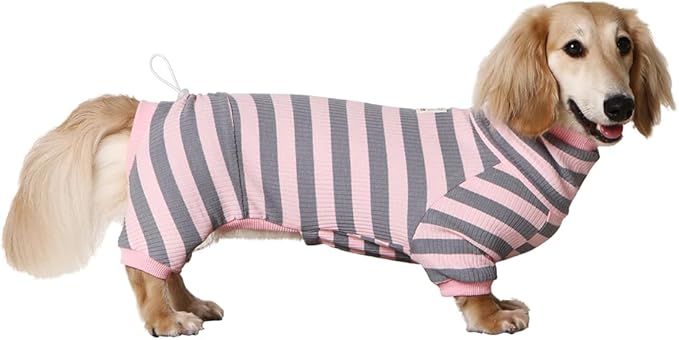 HowlyWoof Dachshund Dog Shirt, Thin Striped Base Layer Onesie for Wiener Dogs, Lightweight All-Season Wear, Soft & Comfy Fit for Doxie and Short-Leg Breeds (Pink&Grey, Size 3(16-21 lbs))
