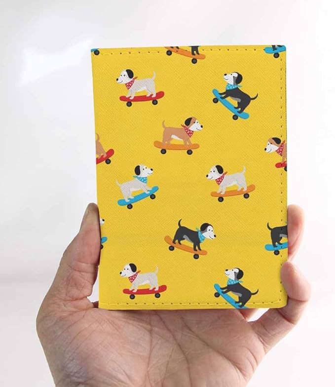 Skateboard Dogs Passport Holder for Travel Different Dogs Wearing Scarves PU Leather Passport Cover Wallet Cute Passport Card Holder for Women and Men