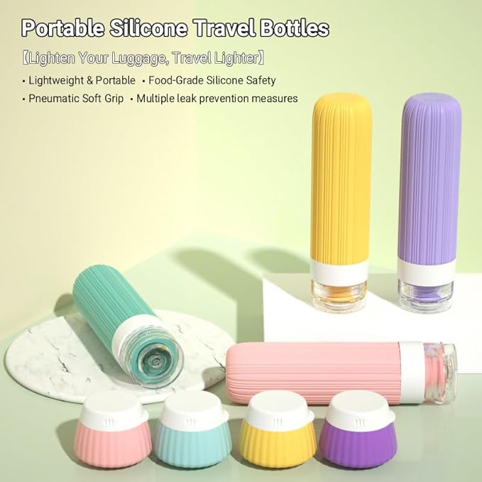 8-Piece Leakproof Travel Bottles and Jars Set – 4 Silicone Bottles + 4 Cream Jars with Clear Zipper Bag – TSA Approved Toiletry Containers – BPA-Free (Bright Colors)