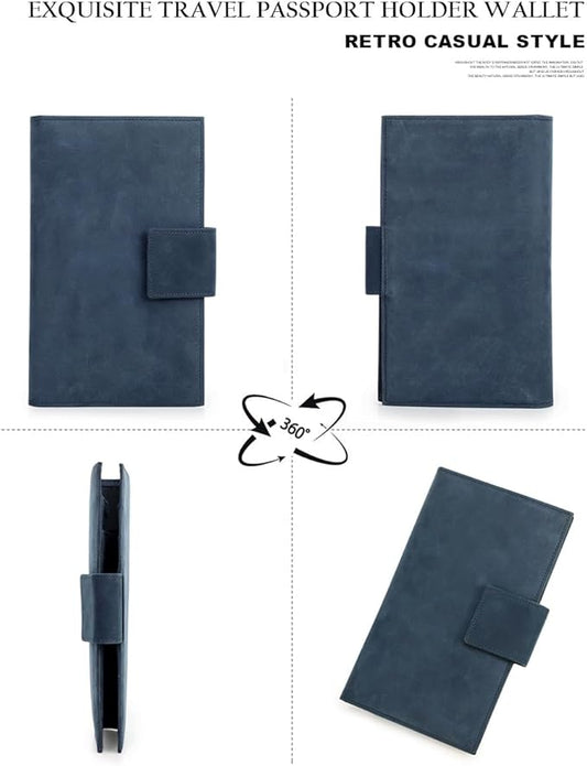 Unisex Genuine Leather Wallet Retro Crazy Horse Leather RFID Blocking Family Travel Passport Holder Slot (Blue)