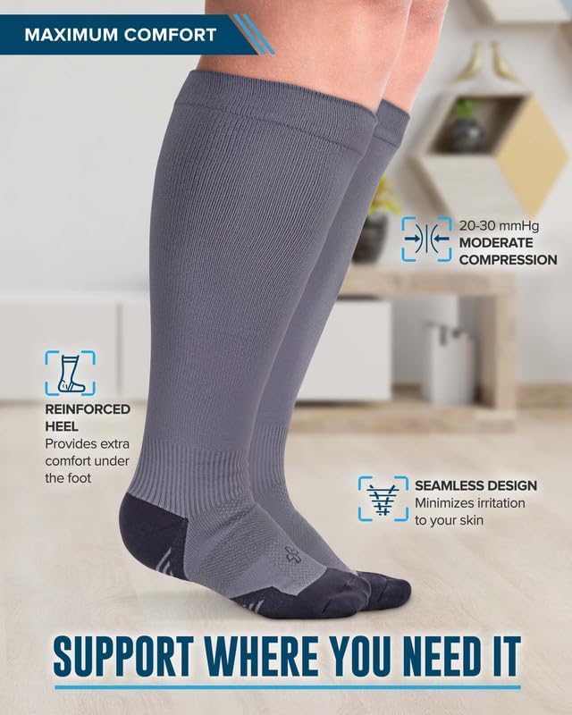 Doctor's Select 3 Pairs Plus Size Compression Socks Wide Calf - Up to 6XL | 20-30 mmHg Compression Socks for Women Wide Calf Soreness Support | Black, Gray, Navy