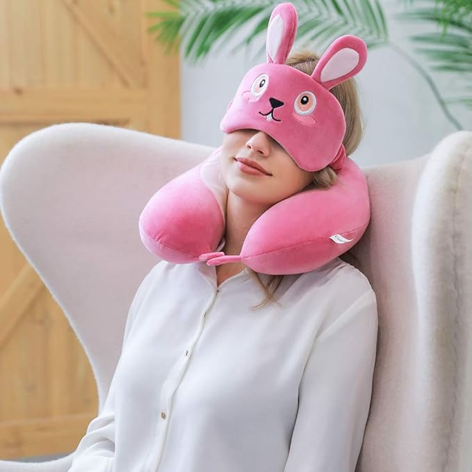 Umerci Travel Pillow, Memory Foam Neck Pillow with 360-Degree Head Support Comfortable Airplane Pillow with Storage Bag Lightweight Traveling Pillow for Sleeping, Car, Train, Bus and Home Use (Bunny)