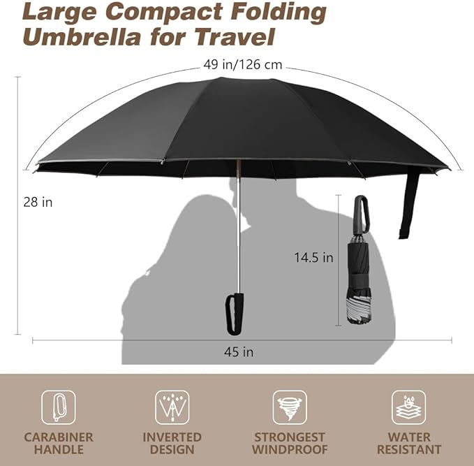 TOPSAIL 10 Ribs Inverted Umbrella with Carabiner Handle, Large Strong Windproof Umbrellas for Rain & Sun, 49" Portable Reverse Folding Compact Travel Umbrella with Safe Reflective Strip, for Women Men