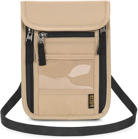 Passport Holder for Travel, Neck Pouch Travel Wallet With RFID Blocking, Waterproof Lightweight Passport Wallet for Women and Men (Khaki)