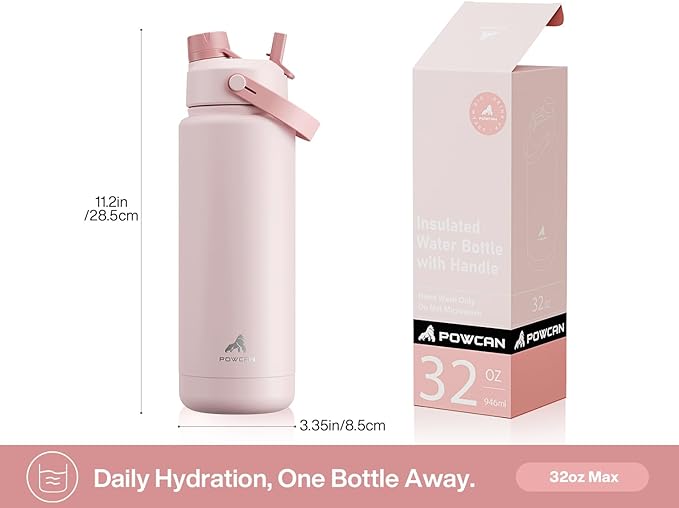 POWCAN 32 oz Insulated Water Bottle with 2-in-1 Straw and Spout Lid, Keep Cold 24H, Leak-Proof, BPA-Free, Double Wall Stainless Steel Water Bottle for Sports, Gym, Travel, and School (Cotton Candy)
