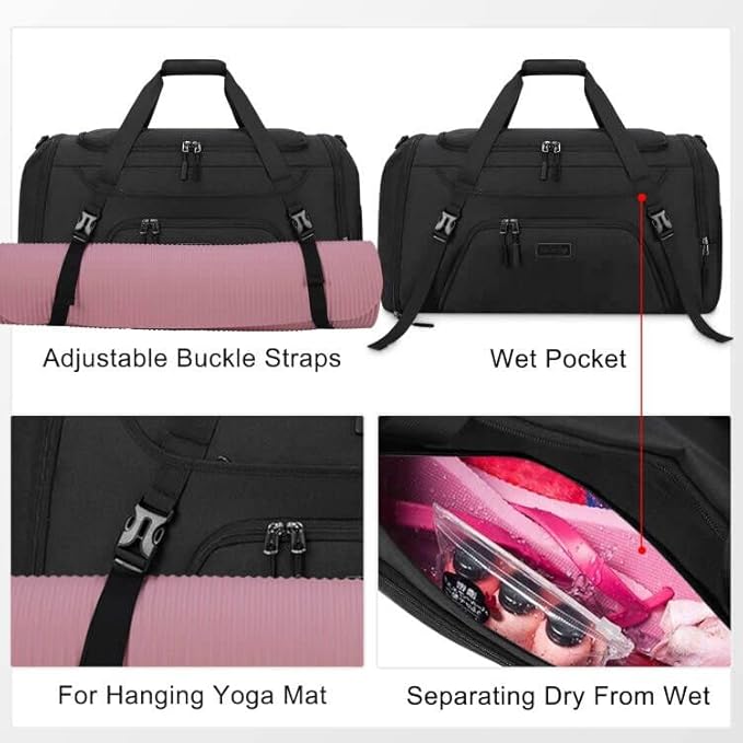 Gym Duffle Bag for Women Men 55L Waterproof Sports Bags Travel Duffel Bags with Shoe Compartment,Wet Pocket Large Weekender Overnight Bag with Toiletry Bag,Black