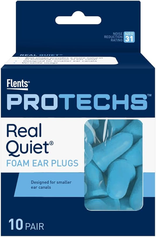 Flents Protechs Real Quiet Foam Ear Plugs for Small Ear Canals, Soft, Comfortable Hearing Protection for Sleep, Work, Travel & Loud Noise, NRR 31, Easy to Use, Blue, 10 Pairs