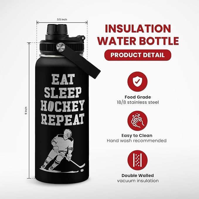 Ice Hockey Insulated Engraved Stainless Steel Water Bottle 32oz, Vacuum Chug Lid Travel Tumbler For Men Friends Hockey Lovers Fans Coaches, Gift for Birthday Christmas
