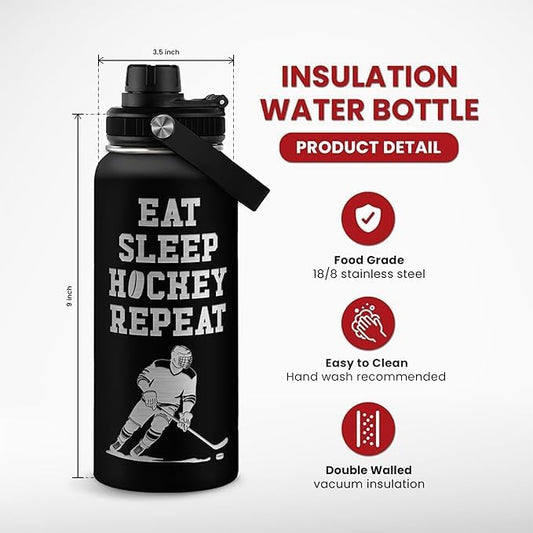 Ice Hockey Insulated Engraved Stainless Steel Water Bottle 32oz, Vacuum Chug Lid Travel Tumbler For Men Friends Hockey Lovers Fans Coaches, Gift for Birthday Christmas