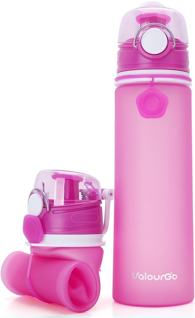 Valourgo Collapsible Water Bottle, Silicone Foldable with Leak Proof Valve BPA Free, Aqua Blue, 21 oz