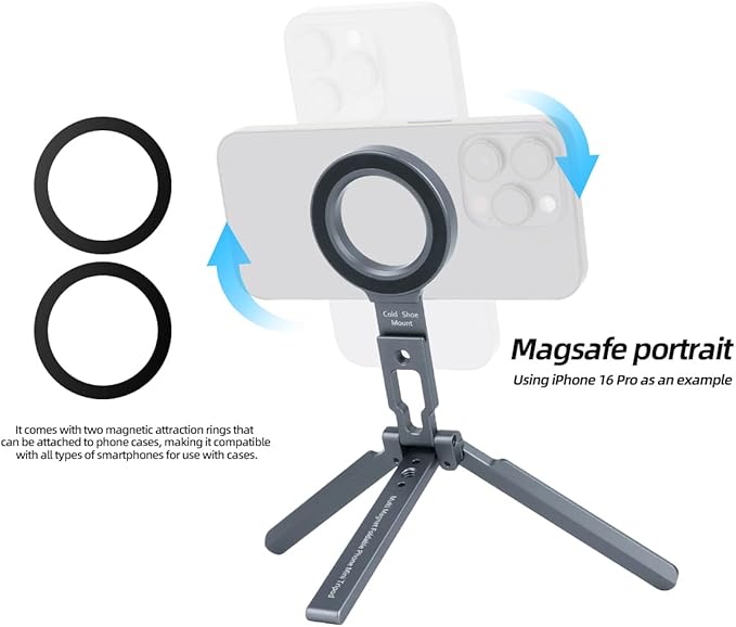 Dual Magnetic Phone Mount Magsafe Pocket Foldable Mini Tripod Magnetic Phone Holder for Smart Phone,All 3 Legs Magnetic,Gym Essentials,Magnetic Phone Mount Stand,Travel Selfie Stick Vlog Rig