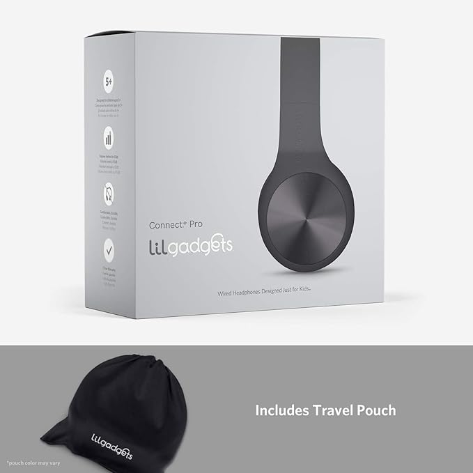 LilGadgets Connect+ Pro Wired Kids Headphones for School with Microphone, Volume Limiting Over-Ear Headset with Cord, SharePort Technology & SoftTouch Padding, Black